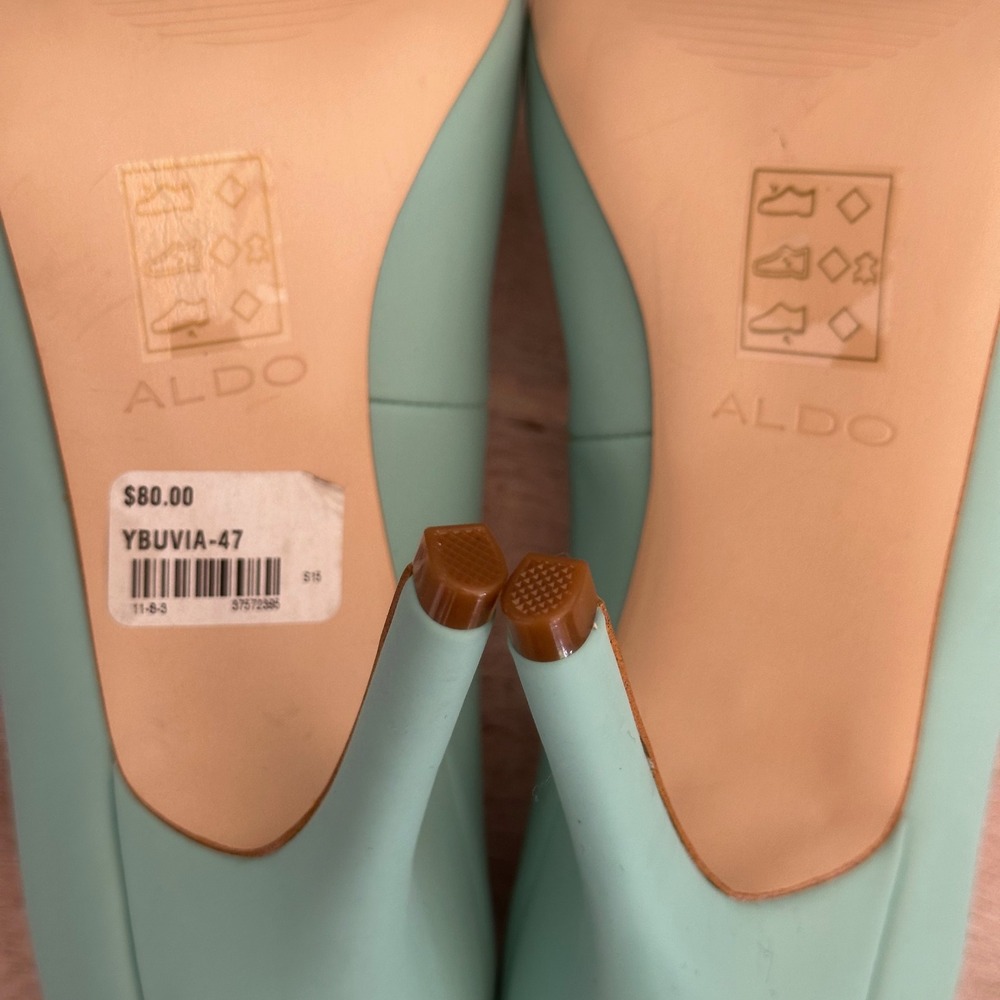 Aldo Mint Green Leather Pointed Toe Stiletto Pumps Scalloped Heel Womens 8 38.5 - Picture 7 of 13